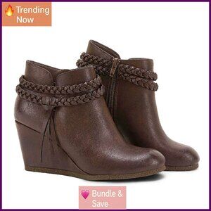 Faux Suede Wedge Ankle Boots Braided Strap Western Heeled Booties